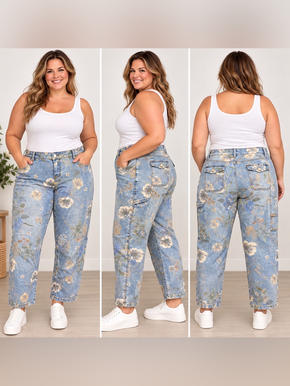 Flamingals Floral Print Cargo Jeans Women’s 4XL Blue Denim NWT